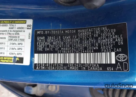 2010 Toyota Corolla Le из США, поврежденный, VIN 2T1BU4EE7AC244664